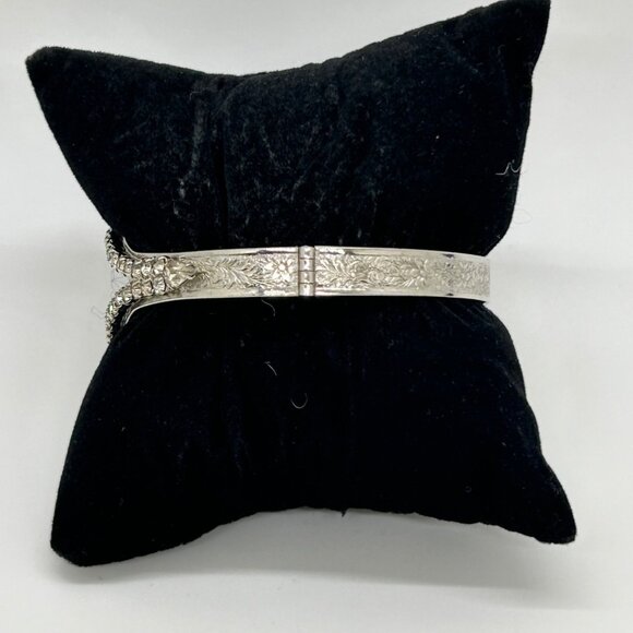 Vintage Silver-Tone Hinged Bangle Bracelet With Rhinestone Accents & Safety Chai - Picture 12 of 13